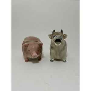 Vintage Handpainted Ceramic Cow Creamer and Pig Sugar Bowl Set Otigri